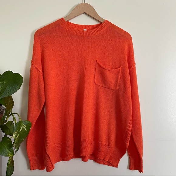Vibrant Coral Orange Knit Crewneck Sweater w/ Drop Shoulder Chest Pocket… - Picture 1 of 14